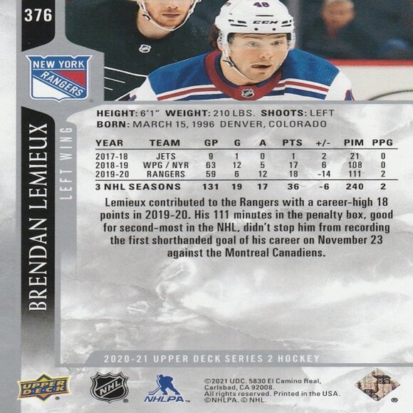 Brendan Lemieux - 2020/2021 Upper Deck Series 2 Hockey Card - Picture 2 of 2